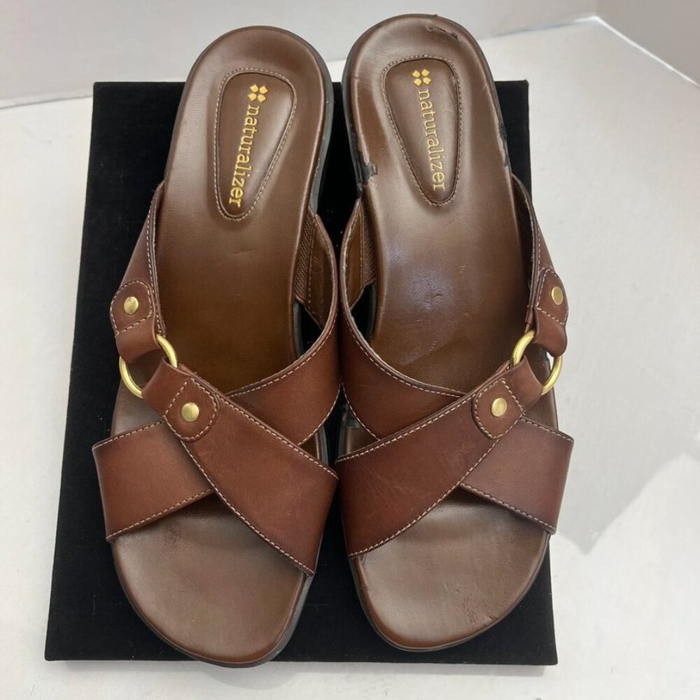 Naturalizer Batina Leather Slide Sandals Brown Low Heel 7.5M